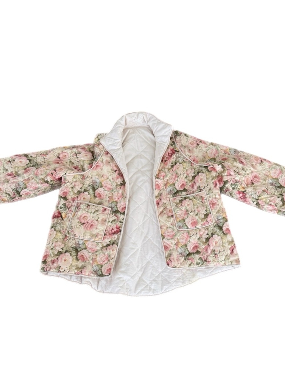 Selkie Floral Quilted Puffer Jacket in Pink and Cream - Picture 2 of 9